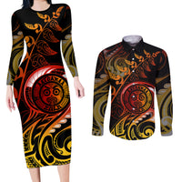 New Zealand Couples Matching Long Sleeve Bodycon Dress and Long Sleeve Button Shirts Aotearoa Wisdom Face Maori Fern Tattoo Arty LT9 - Wonder Print Shop