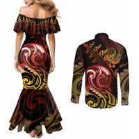 new-zealand-couples-matching-mermaid-dress-and-long-sleeve-button-shirts-aotearoa-wisdom-face-maori-fern-tattoo-arty