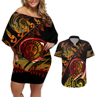 New Zealand Couples Matching Off Shoulder Short Dress and Hawaiian Shirt Aotearoa Wisdom Face Maori Fern Tattoo Arty LT9 - Wonder Print Shop