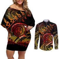 New Zealand Couples Matching Off Shoulder Short Dress and Long Sleeve Button Shirts Aotearoa Wisdom Face Maori Fern Tattoo Arty LT9 - Wonder Print Shop
