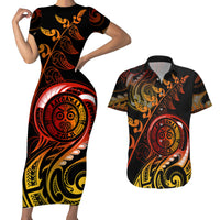 New Zealand Couples Matching Short Sleeve Bodycon Dress and Hawaiian Shirt Aotearoa Wisdom Face Maori Fern Tattoo Arty LT9 - Wonder Print Shop