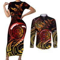New Zealand Couples Matching Short Sleeve Bodycon Dress and Long Sleeve Button Shirts Aotearoa Wisdom Face Maori Fern Tattoo Arty LT9 - Wonder Print Shop