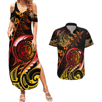 New Zealand Couples Matching Summer Maxi Dress and Hawaiian Shirt Aotearoa Wisdom Face Maori Fern Tattoo Arty LT9 - Wonder Print Shop