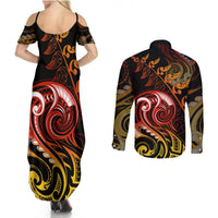 New Zealand Couples Matching Summer Maxi Dress and Long Sleeve Button Shirts Aotearoa Wisdom Face Maori Fern Tattoo Arty LT9 - Wonder Print Shop