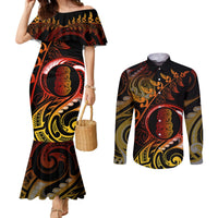 new-zealand-couples-matching-mermaid-dress-and-long-sleeve-button-shirts-aotearoa-hei-tiki-maori-fern-tattoo-arty