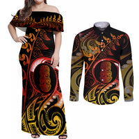 New Zealand Couples Matching Off Shoulder Maxi Dress and Long Sleeve Button Shirts Aotearoa Hei-Tiki Maori Fern Tattoo Arty LT9 - Wonder Print Shop