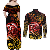 New Zealand Couples Matching Off Shoulder Maxi Dress and Long Sleeve Button Shirts Aotearoa Hei-Tiki Maori Fern Tattoo Arty LT9 - Wonder Print Shop