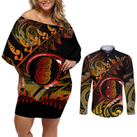 New Zealand Couples Matching Off Shoulder Short Dress and Long Sleeve Button Shirts Aotearoa Hei-Tiki Maori Fern Tattoo Arty LT9 - Wonder Print Shop