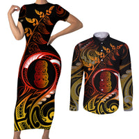 New Zealand Couples Matching Short Sleeve Bodycon Dress and Long Sleeve Button Shirts Aotearoa Hei-Tiki Maori Fern Tattoo Arty LT9 - Wonder Print Shop