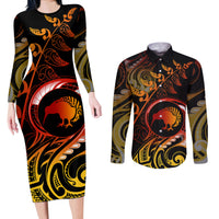 New Zealand Couples Matching Long Sleeve Bodycon Dress and Long Sleeve Button Shirts Aotearoa Kiwi Bird Maori Fern Tattoo Arty LT9 - Wonder Print Shop