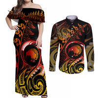 New Zealand Couples Matching Off Shoulder Maxi Dress and Long Sleeve Button Shirts Aotearoa Kiwi Bird Maori Fern Tattoo Arty LT9 - Wonder Print Shop