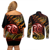 New Zealand Couples Matching Off Shoulder Short Dress and Long Sleeve Button Shirts Aotearoa Kiwi Bird Maori Fern Tattoo Arty LT9 - Wonder Print Shop