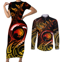 New Zealand Couples Matching Short Sleeve Bodycon Dress and Long Sleeve Button Shirts Aotearoa Kiwi Bird Maori Fern Tattoo Arty LT9 - Wonder Print Shop