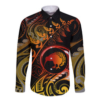 New Zealand Long Sleeve Button Shirt Aotearoa Kiwi Bird Maori Fern Tattoo Arty - Wonder Print Shop