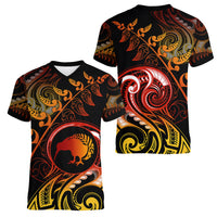 New Zealand Women V Neck T Shirt Aotearoa Kiwi Bird Maori Fern Tattoo Arty - Wonder Print Shop