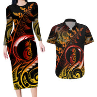 New Zealand Couples Matching Long Sleeve Bodycon Dress and Hawaiian Shirt Aotearoa Manaia Maori Fern Tattoo Arty LT9 - Wonder Print Shop