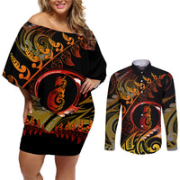 New Zealand Couples Matching Off Shoulder Short Dress and Long Sleeve Button Shirts Aotearoa Manaia Maori Fern Tattoo Arty LT9 - Wonder Print Shop