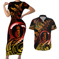 New Zealand Couples Matching Short Sleeve Bodycon Dress and Hawaiian Shirt Aotearoa Manaia Maori Fern Tattoo Arty LT9 - Wonder Print Shop