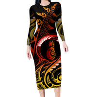 New Zealand Long Sleeve Bodycon Dress Aotearoa Manaia Maori Fern Tattoo Arty - Wonder Print Shop