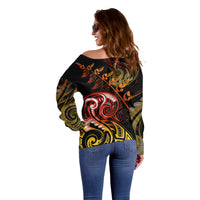 New Zealand Off Shoulder Sweater Aotearoa Manaia Maori Fern Tattoo Arty - Wonder Print Shop