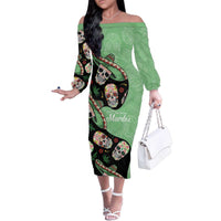Mexican Sugar Skull Personalized Family Matching Off The Shoulder Long Sleeve Dress and Hawaiian Shirt Dia de Los Muertos Vibe - Wonder Print Shop
