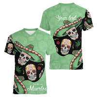 Mexican Sugar Skull Personalized Women V-Neck T-Shirt Dia de Los Muertos Vibe - Wonder Print Shop