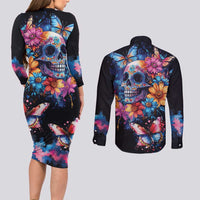 Mexican La Calaca and Butterfly Couples Matching Long Sleeve Bodycon Dress and Long Sleeve Button Shirt Skull Day Of The Dead LT9 - Wonder Print Shop