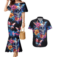 Mexican La Calaca and Butterfly Couples Matching Mermaid Dress and Hawaiian Shirt Skull Day Of The Dead LT9 - Wonder Print Shop
