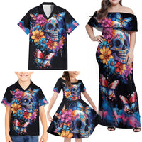 Mexican La Calaca and Butterfly Family Matching Off Shoulder Maxi Dress and Hawaiian Shirt Skull Day Of The Dead LT9 - Wonder Print Shop