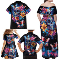 Mexican La Calaca and Butterfly Family Matching Off Shoulder Maxi Dress and Hawaiian Shirt Skull Day Of The Dead LT9 - Wonder Print Shop