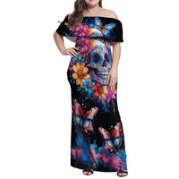 Mexican La Calaca and Butterfly Family Matching Off Shoulder Maxi Dress and Hawaiian Shirt Skull Day Of The Dead LT9 - Wonder Print Shop