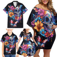 Mexican La Calaca and Butterfly Family Matching Off Shoulder Short Dress and Hawaiian Shirt Skull Day Of The Dead LT9 - Wonder Print Shop