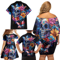 Mexican La Calaca and Butterfly Family Matching Off Shoulder Short Dress and Hawaiian Shirt Skull Day Of The Dead LT9 - Wonder Print Shop