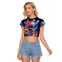 Mexican La Calaca and Butterfly Raglan Cropped T Shirt Skull Day Of The Dead - Wonder Print Shop