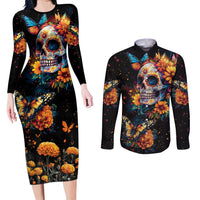 Mexican La Calaca and Marigold Flowers Couples Matching Long Sleeve Bodycon Dress and Long Sleeve Button Shirt Skull Day Of The Dead LT9 - Wonder Print Shop