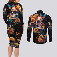 Mexican La Calaca and Marigold Flowers Couples Matching Long Sleeve Bodycon Dress and Long Sleeve Button Shirt Skull Day Of The Dead LT9 - Wonder Print Shop