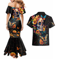 Mexican La Calaca and Marigold Flowers Couples Matching Mermaid Dress and Hawaiian Shirt Skull Day Of The Dead LT9 - Wonder Print Shop
