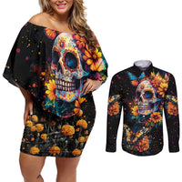 Mexican La Calaca and Marigold Flowers Couples Matching Off Shoulder Short Dress and Long Sleeve Button Shirt Skull Day Of The Dead LT9 - Wonder Print Shop