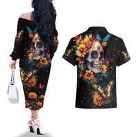 Mexican La Calaca and Marigold Flowers Couples Matching Off The Shoulder Long Sleeve Dress and Hawaiian Shirt Skull Day Of The Dead LT9 - Wonder Print Shop