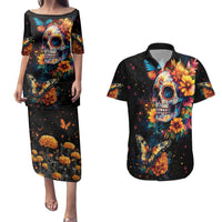 Mexican La Calaca and Marigold Flowers Couples Matching Puletasi and Hawaiian Shirt Skull Day Of The Dead LT9 - Wonder Print Shop