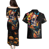 Mexican La Calaca and Marigold Flowers Couples Matching Puletasi and Hawaiian Shirt Skull Day Of The Dead LT9 - Wonder Print Shop
