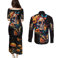 Mexican La Calaca and Marigold Flowers Couples Matching Puletasi and Long Sleeve Button Shirt Skull Day Of The Dead LT9 - Wonder Print Shop
