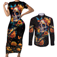 Mexican La Calaca and Marigold Flowers Couples Matching Short Sleeve Bodycon Dress and Long Sleeve Button Shirt Skull Day Of The Dead LT9 - Wonder Print Shop