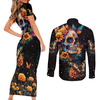 Mexican La Calaca and Marigold Flowers Couples Matching Short Sleeve Bodycon Dress and Long Sleeve Button Shirt Skull Day Of The Dead LT9 - Wonder Print Shop
