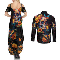 Mexican La Calaca and Marigold Flowers Couples Matching Summer Maxi Dress and Long Sleeve Button Shirt Skull Day Of The Dead LT9 - Wonder Print Shop