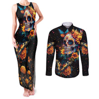 Mexican La Calaca and Marigold Flowers Couples Matching Tank Maxi Dress and Long Sleeve Button Shirt Skull Day Of The Dead LT9 - Wonder Print Shop