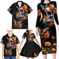 Mexican La Calaca and Marigold Flowers Family Matching Long Sleeve Bodycon Dress and Hawaiian Shirt Skull Day Of The Dead LT9 - Wonder Print Shop