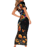 Mexican La Calaca and Marigold Flowers Family Matching Short Sleeve Bodycon Dress and Hawaiian Shirt Skull Day Of The Dead - Wonder Print Shop