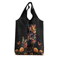 Mexican La Calaca and Marigold Flowers Grocery Bag Skull Day Of The Dead