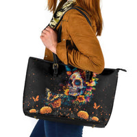 Mexican La Calaca and Marigold Flowers Leather Tote Bag Skull Day Of The Dead - Wonder Print Shop